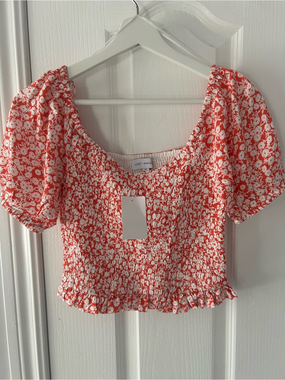 Lost + Wander Red and White Floral Smocked Crop Top NWT